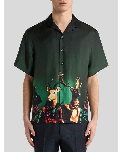 Etro Green Silk Bowling Shirt With Placed Animal Print for men