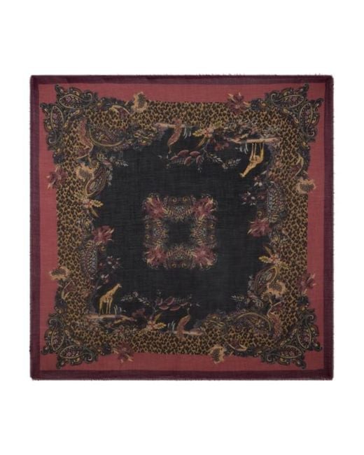 Etro Brown Wool, Cashmere And Silk Shawl With Animal And Paisley Motif