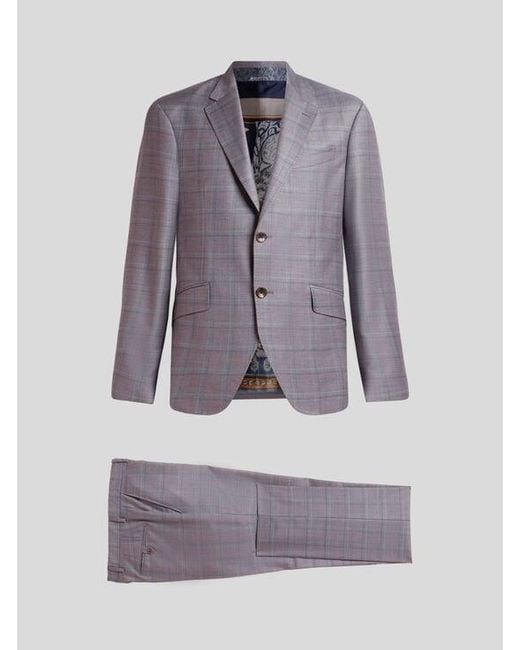 Etro Gray Single-Breasted Wool Suit With Check Motif for men