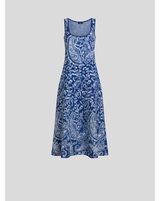 Etro Blue Jacquard Midi Dress With Floral Paisley Motif