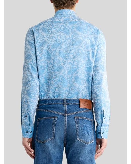 Etro Blue Paisley Cotton Jacquard Shirt for men