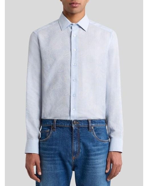 Etro Blue Cotton Jacquard Shirt for men