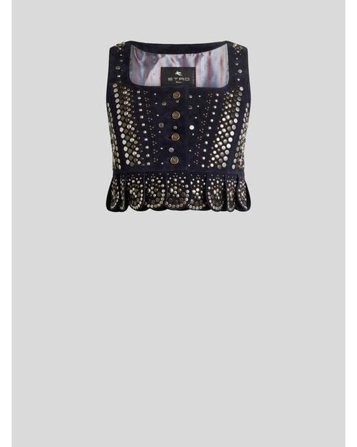 Etro Black Cropped Leather Waistcoat With Studs