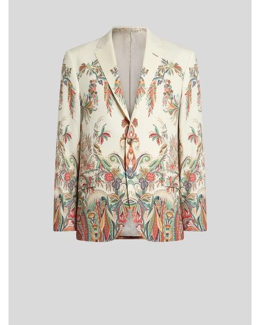 Etro White Single-Breasted Wool Jacket With Placed Floral Print for men