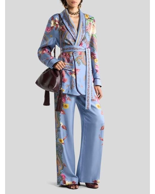 Etro Blue Silk Jacket With Belt And Floral Paisley Motif