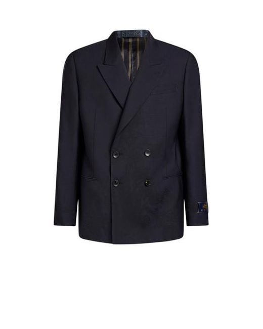 Etro Blue Double-Breasted Jacket With Placed Motif for men
