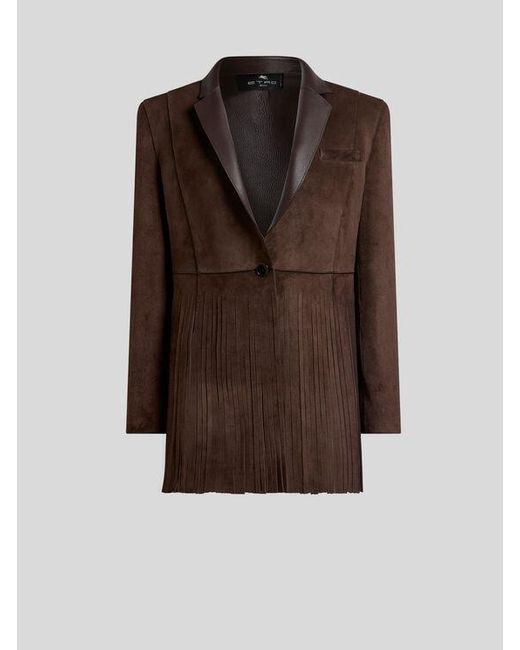 Etro Brown Single-Breasted Suede Jacket With Fringing