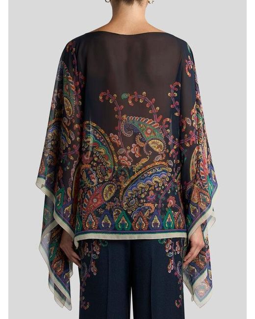 Etro Black Silk Poncho Top With Placed Floral Paisley Print