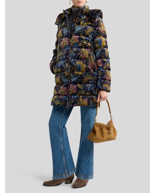 Etro Black Cotton Velvet Down Jacket With Hood And Floral Overprint