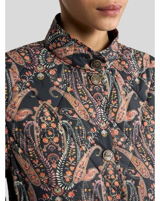 Etro Brown Quilted Coat With Floral Paisley Motif