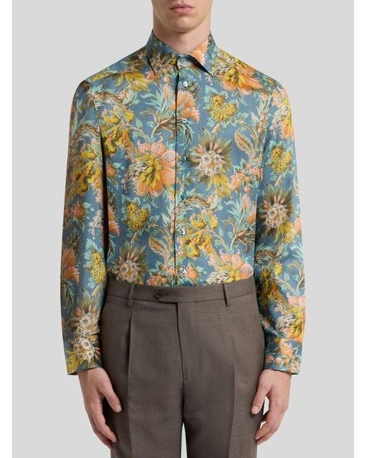 Etro Green Cotton Satin Shirt With Floral Motif for men