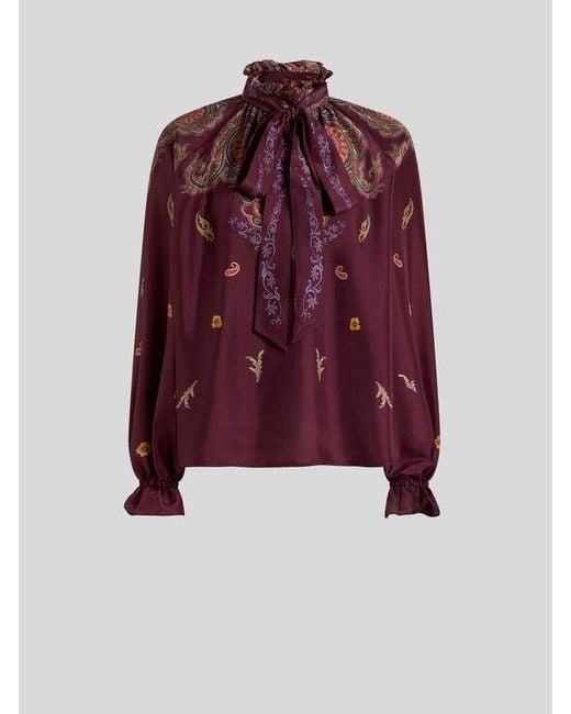 Etro Purple Silk Blouse With Silk Scarf And Placed Floral Paisley Print