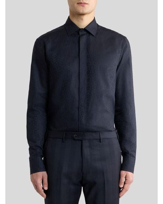 Etro Blue Cotton Jacquard Shirt With Medallion Motif for men