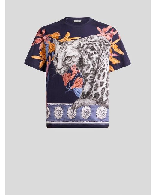 Etro Blue Cotton T-Shirt With Placed Print for men