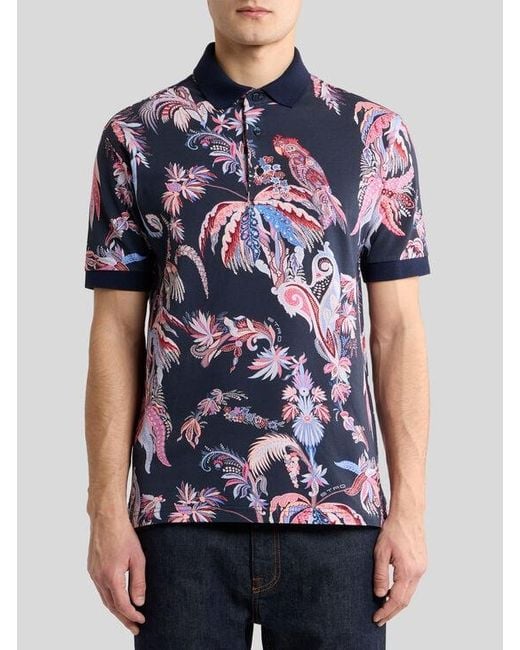 Etro Blue Cotton Pique Polo Shirt With Parrot And Palm Tree Motif for men