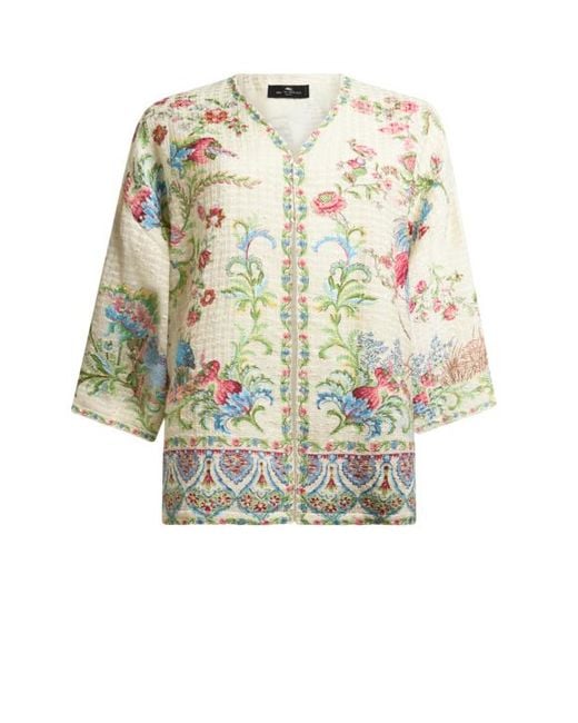 Etro White Cotton-Blend Basketweave Kesa With Flora And Fauna Motif