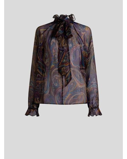 Etro Brown Silk Blouse With Paisley Foliage Motif