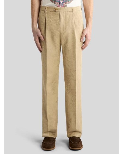 Etro Natural Cotton-Blend Jacquard Trousers With Placed Floral Paisley Motif for men