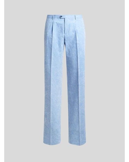 Etro Blue Striped Wool Jacquard Trousers With Floral Paisley Motif for men