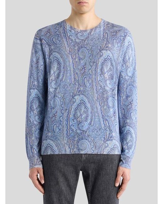 Etro Blue Silk And Cashmere Sweater With Floral Arnica Motif for men