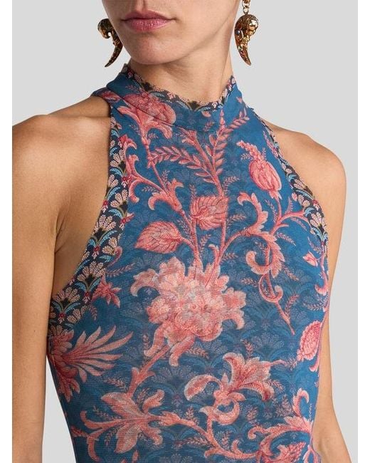 Etro Purple Stretch Tulle Long Dress With Floral Motif