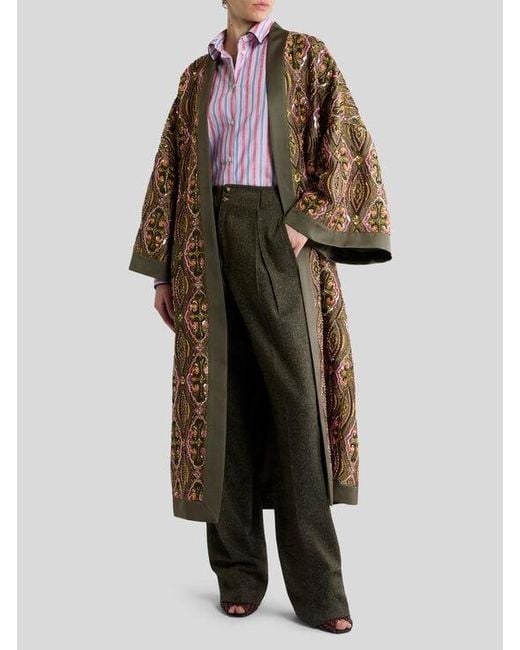 Etro Green Kimono Coat With Beads And Floral Medallion Embroidery
