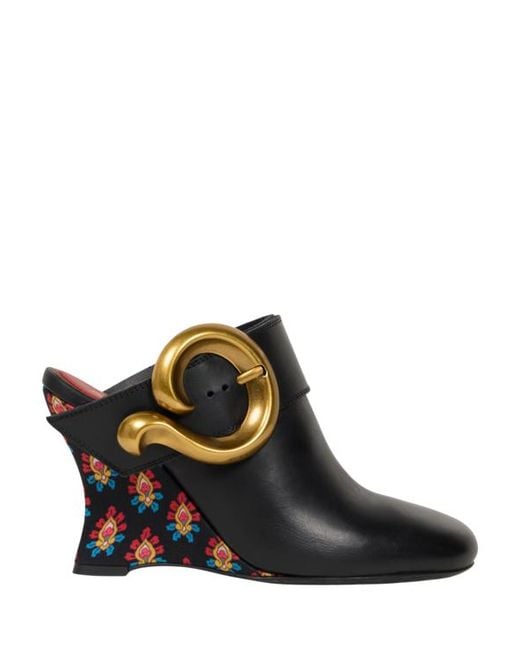 Etro Black Leather Mules With Wedge And Paisley Buckle