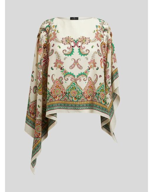 Etro White Floral Paisley Silk Poncho