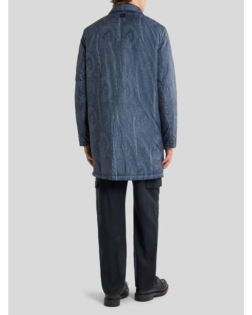 Etro Blue Padded Raincoat With Arnica Motif for men