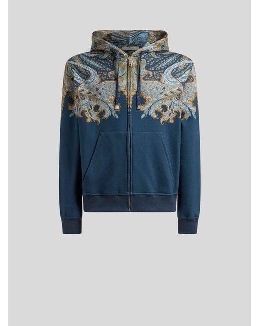 Etro Blue Cotton-Blend Hooded Sweatshirt With Placed Paisley Pochette Print for men