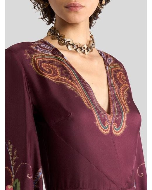 Etro Red Long Silk Dress With Placed Floral Paisley Print