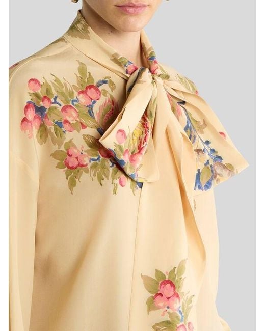 Etro Natural Silk Shirt With Silk Scarf And Placed Floral Print