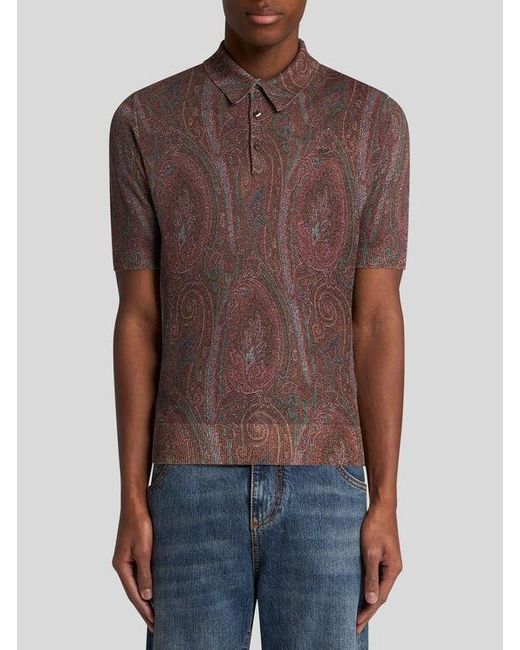 Etro Red Knit Polo-Shirt With Paisley Print for men