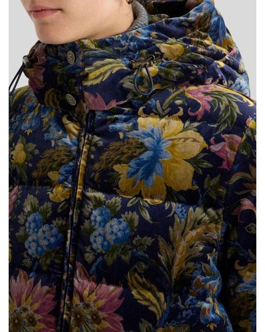 Etro Black Cotton Velvet Down Jacket With Hood And Floral Overprint
