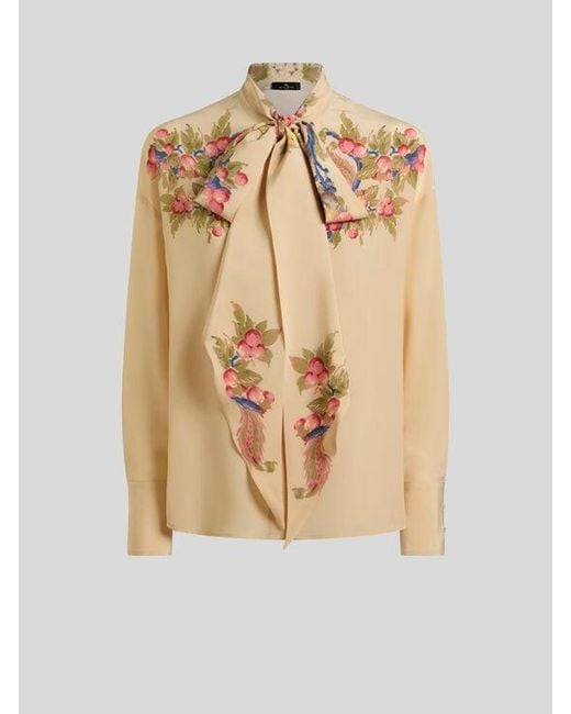 Etro Natural Silk Shirt With Silk Scarf And Placed Floral Print