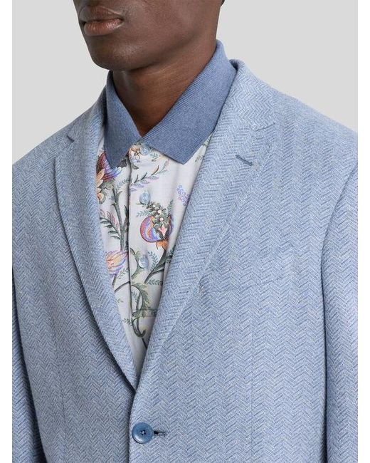 Etro Blue Single-Breasted Cotton And Linen Jersey Jacket With Chevron Motif for men