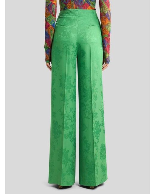 Etro Green Wide-Leg Jacquard Trousers With Floral Motif