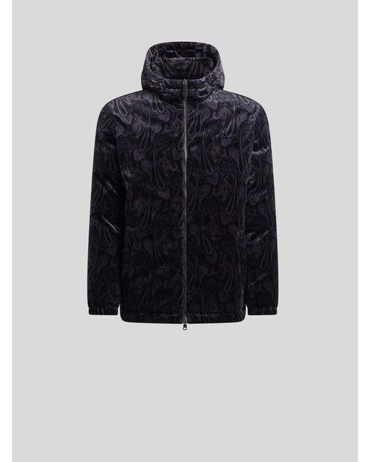 Etro Blue Cotton Velvet Down Jacket With Paisley Motif for men