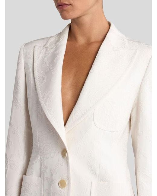 Etro White Single-Breasted Cotton-Blend Jacquard Jacket With Paisley Foliage Motif