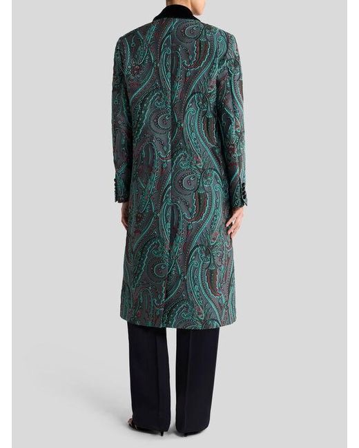 Etro Green Double-Breasted Paisley Jacquard Coat