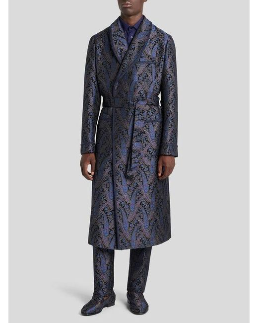 Etro Blue Chenille Jacquard Robe Coat With Metallic Paisley Motif for men