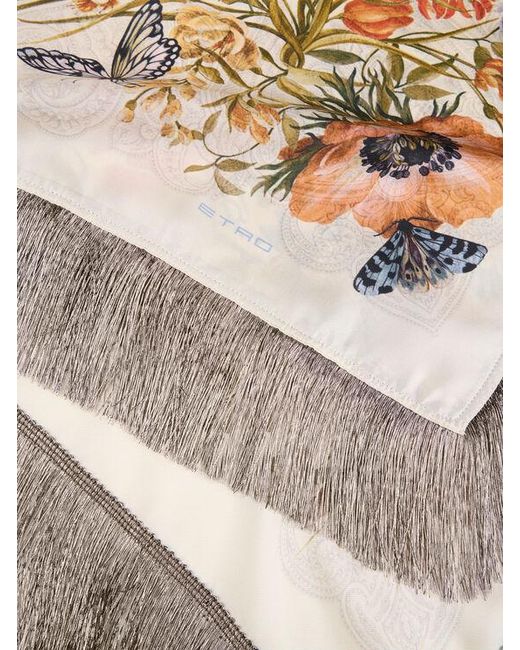 Etro Metallic Silk Scarf With Fringing And Flora And Fauna Motif