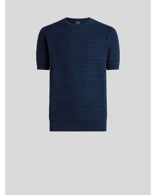 Etro Blue Knit Cotton T-Shirt With Braided Stitch for men