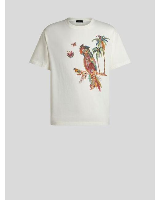 Etro White Cotton Pique T-Shirt With Parrot Print for men