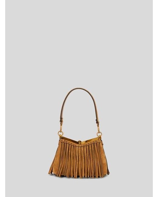 Etro Natural Small Suede Vela Bag With Fringing