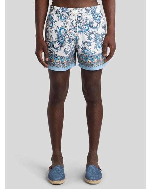 Etro Blue Swim Shorts With Placed Leafy Paisley Print for men
