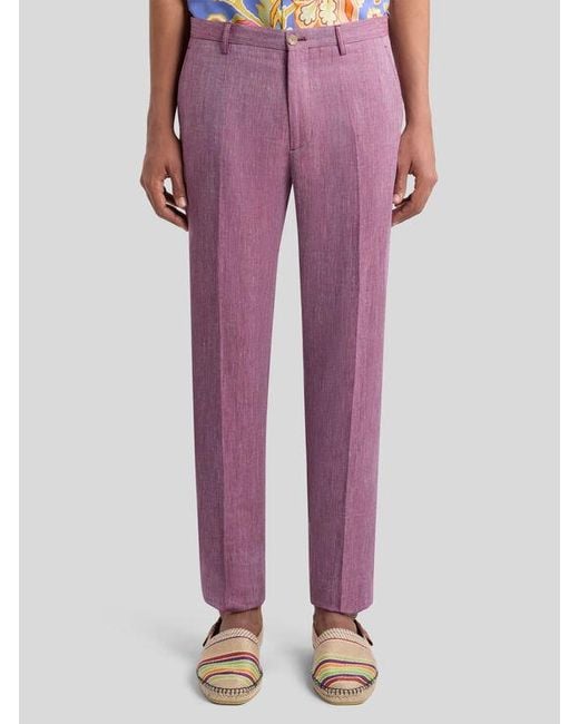 Etro Purple Slub Linen-Blend Trousers for men