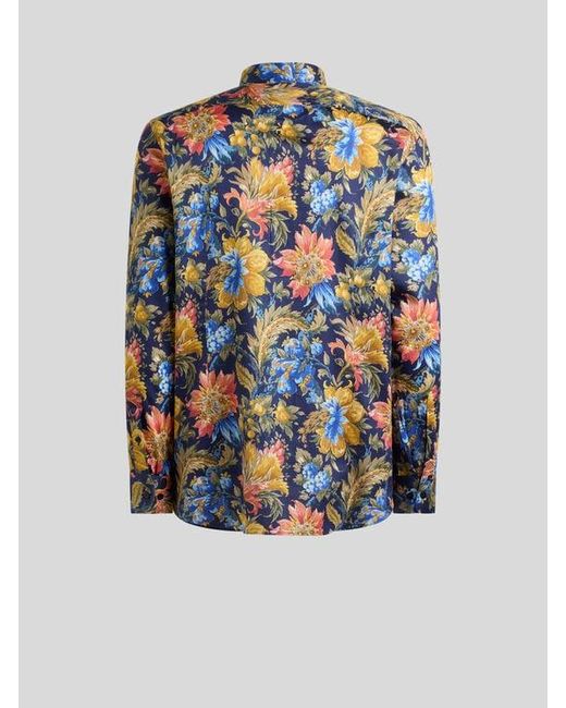 Etro Blue Cotton Satin Shirt With Floral Motif for men
