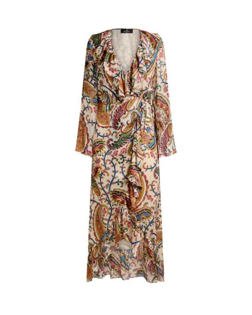 Etro Natural Peau D'Ange Silk Long Wrap Dress With Floral Paisley Motif