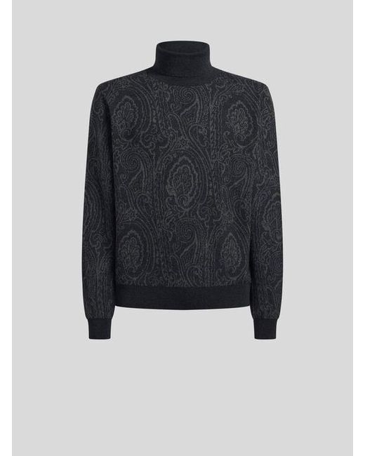 Etro Blue Wool-Blend Jacquard Turtleneck With Arnica Motif for men